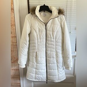 Susan Graver White Puffer Coat with Faux Fur Trim Size XS